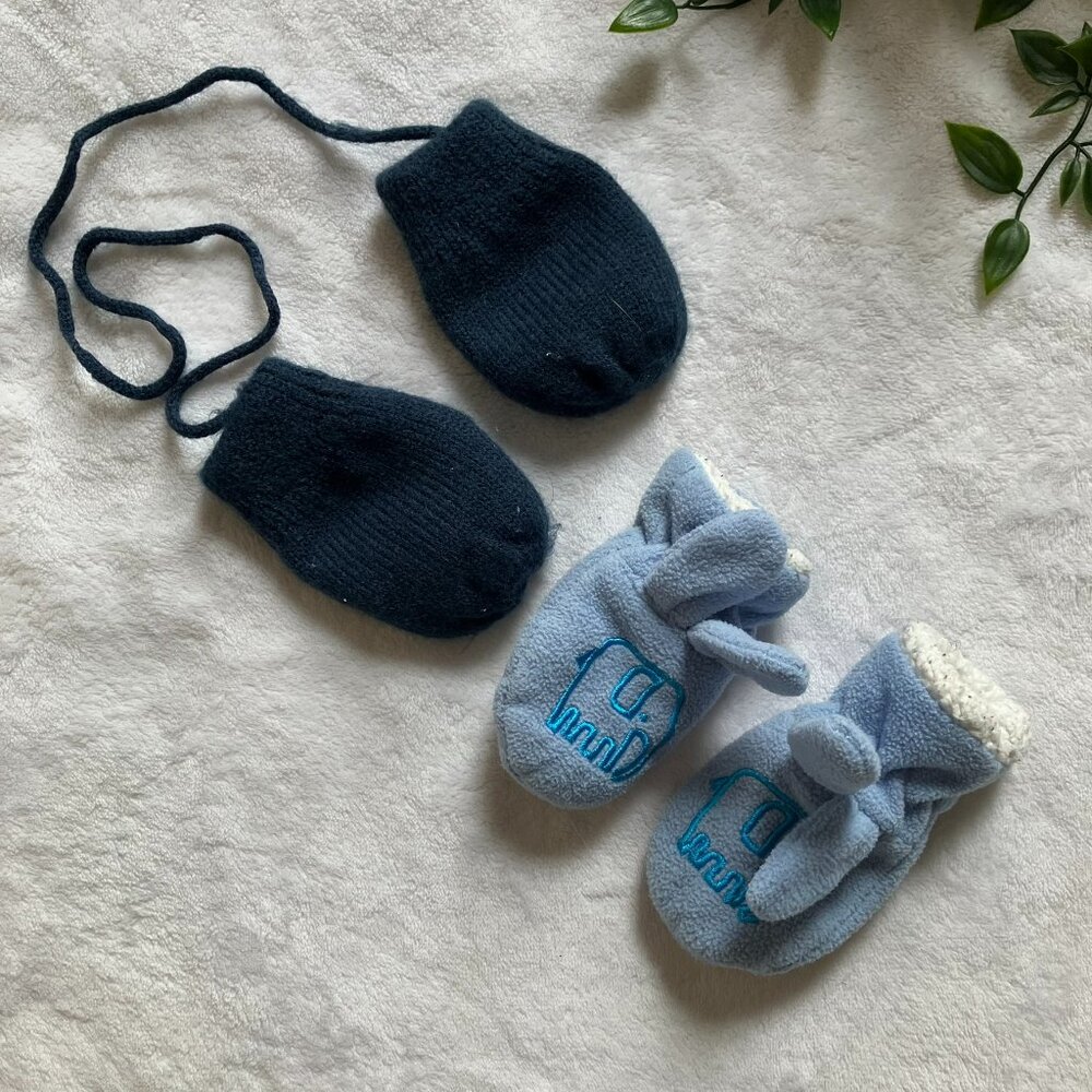 Baby Mittens Bundle 0-9M | Navy Knit String Mitts + Blue Fleece Bonus Pair